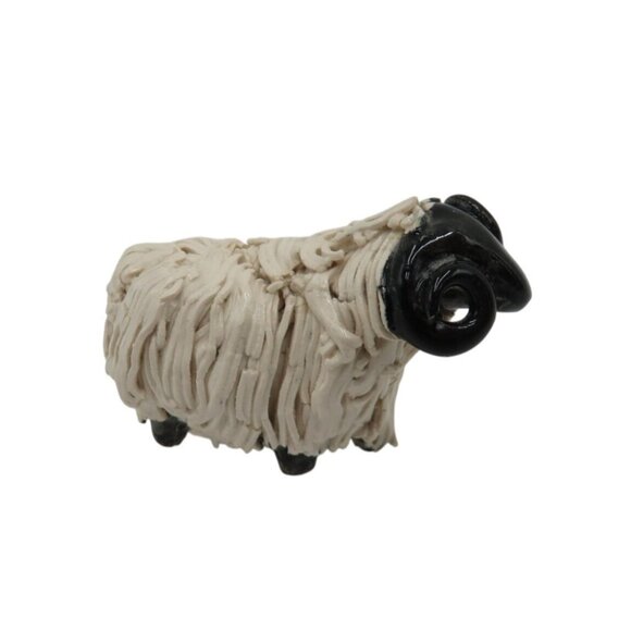Highland Ram Sheep Spaghetti Pottery Black and Cream Ceramic Figurine Small VTG - Picture 1 of 10
